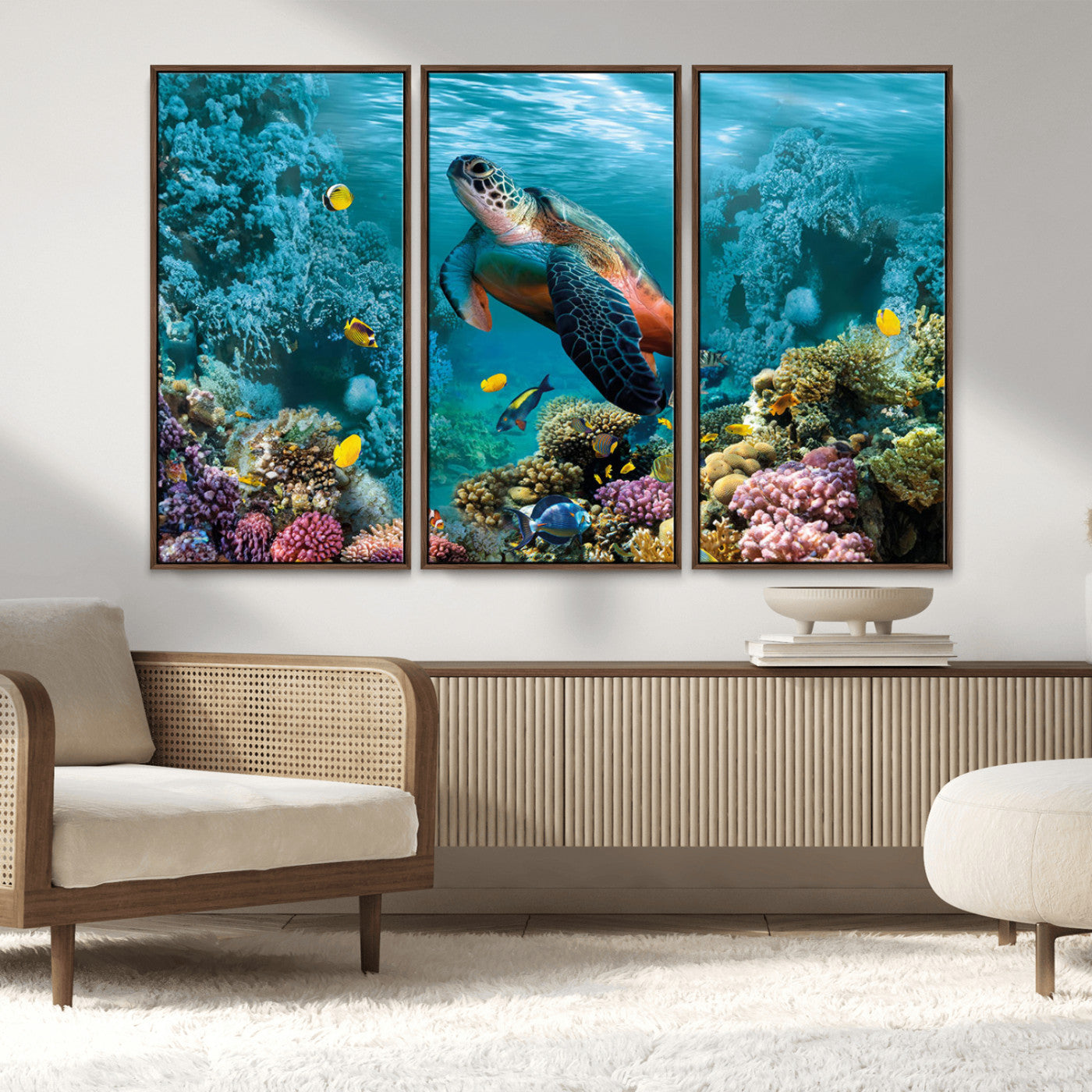 38661-MGV-FC-48X32-3P_Walnut-Sea Turtle Wall Art Canvas Print, Framed Ocean Wildlife Art Picture Print, Turtle Perfect Coastal Nature Decor Artwork