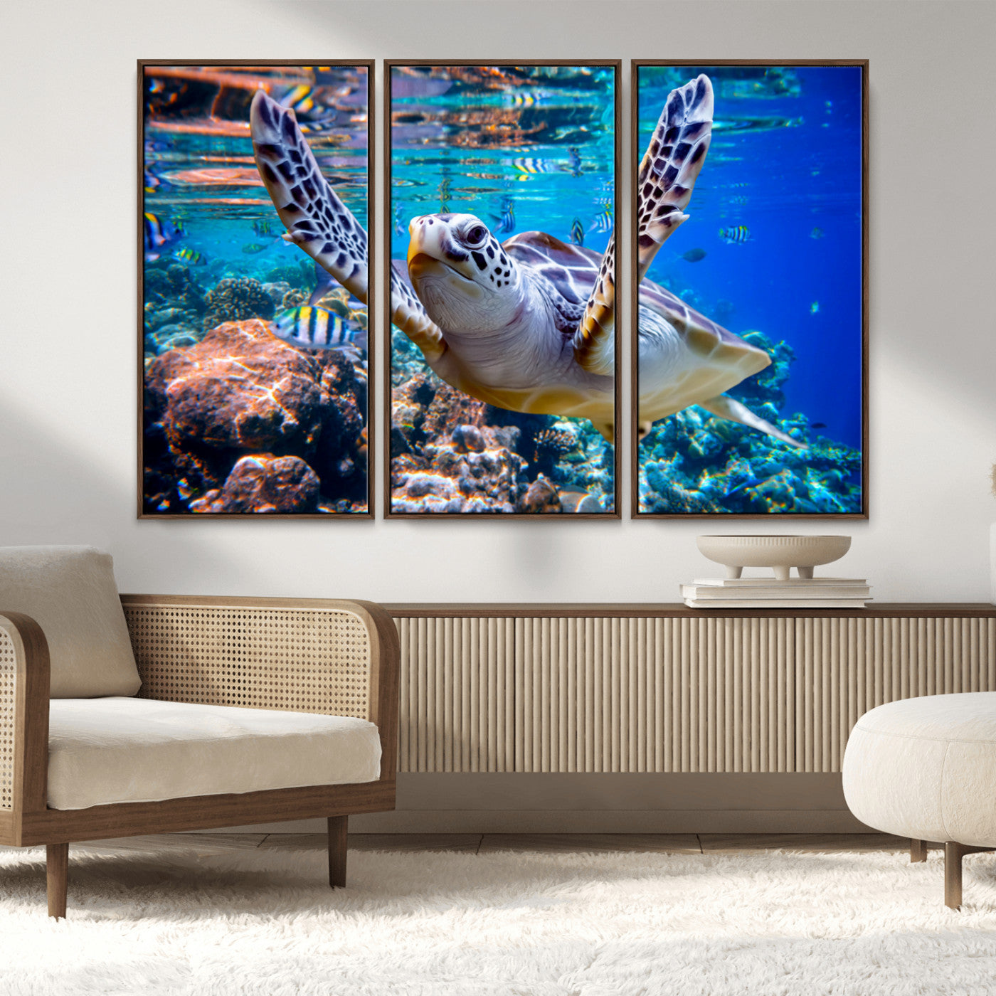 12683-MGV-CV-36X24-Sea Turtle Wall Art – Graceful Ocean Canvas Print with Coral Reef and Tropical Fish, Coastal Marine Life Decor for Beach House,