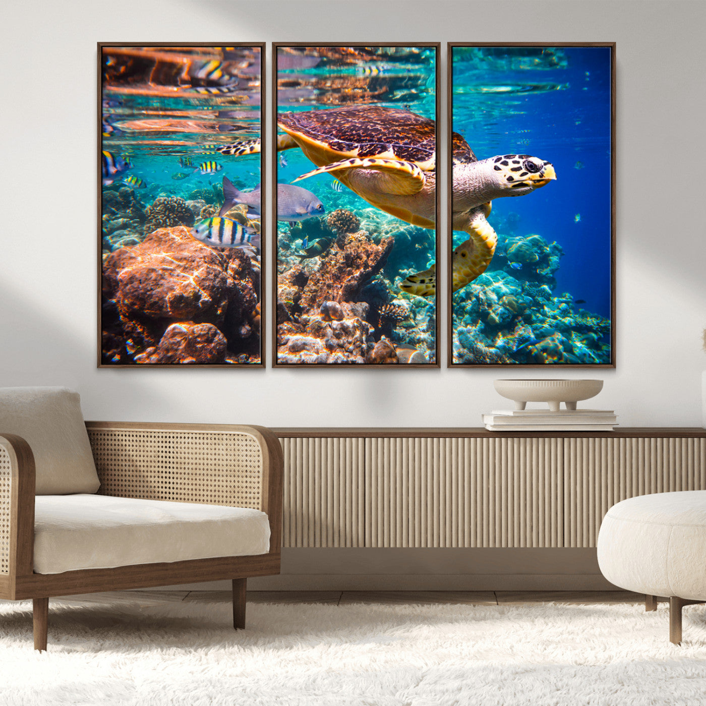 66614-MGV-FC-48X32-3P_Walnut-Sea Turtle Wall Art – Hawksbill Turtle Swimming Over Coral Reef Canvas Print, Ocean Marine Life Decor for Beach House, Coastal