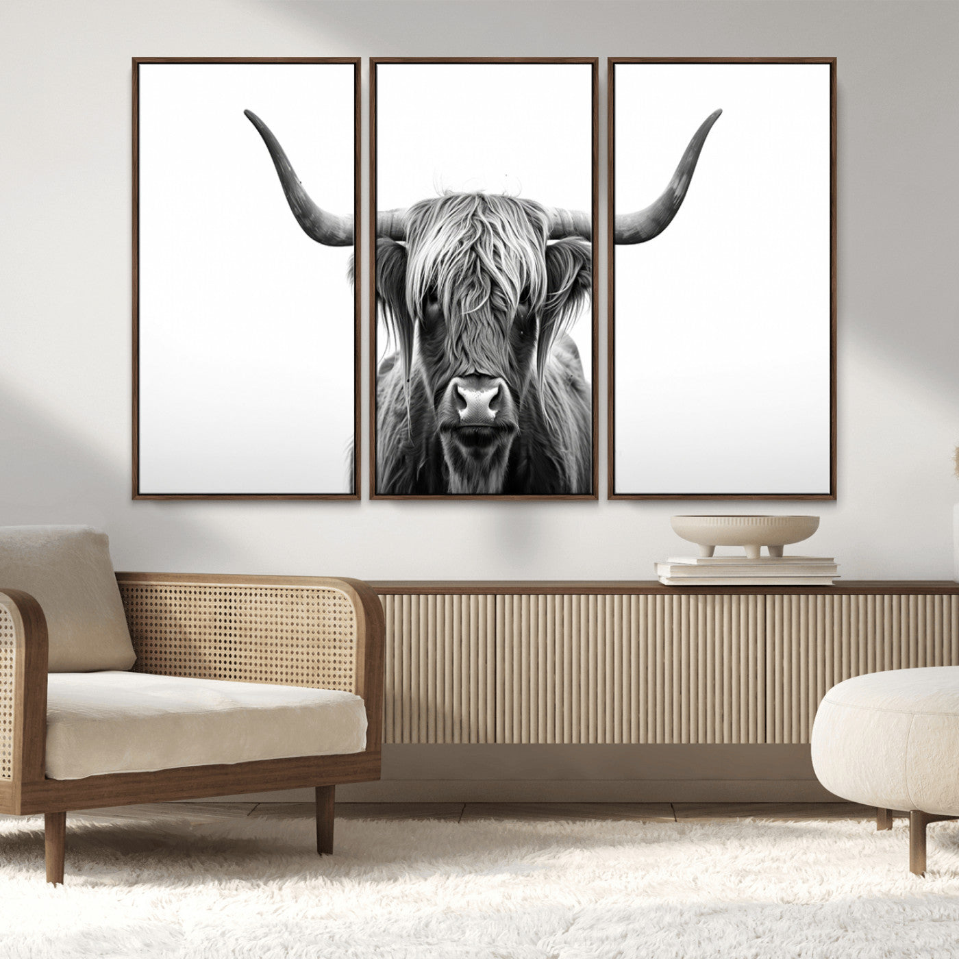 49556-MGV-CV-36X24-Highland Cow Wall Art – Black and White Scottish Highland Cattle Print, Rustic Farmhouse Minimalist Animal Portrait Canvas for