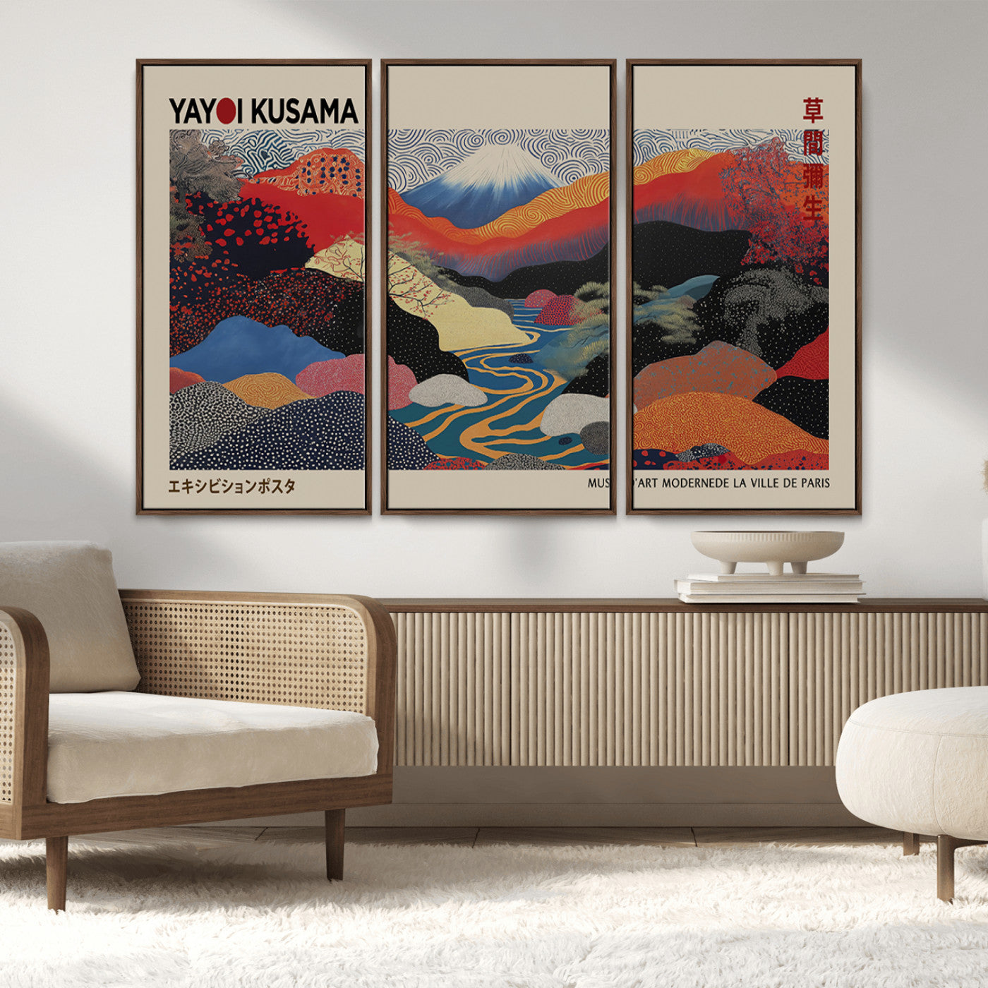 49228-MGV-FC-93X47-3P_Black-Kusama Wall Art – Vibrant Japanese Landscape Canvas Print, Modern Abstract Mountain and River Decor for Living Room, Office or Art