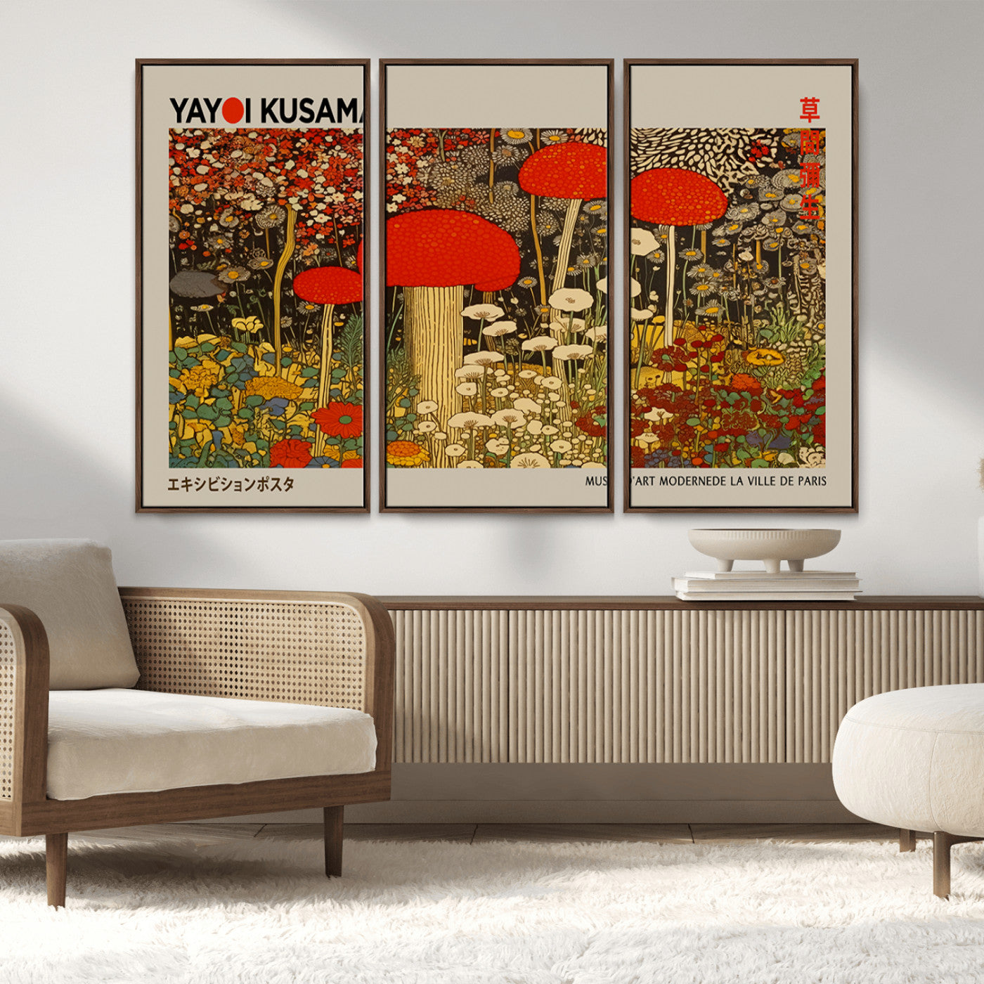 38013-MGV-FC-48X32-3P_Walnut-Yayoi Kusama Inspired Mushroom Garden Wall Art – Whimsical Botanical Canvas Print, Surreal Nature Poster, Fantasy Floral Artwork