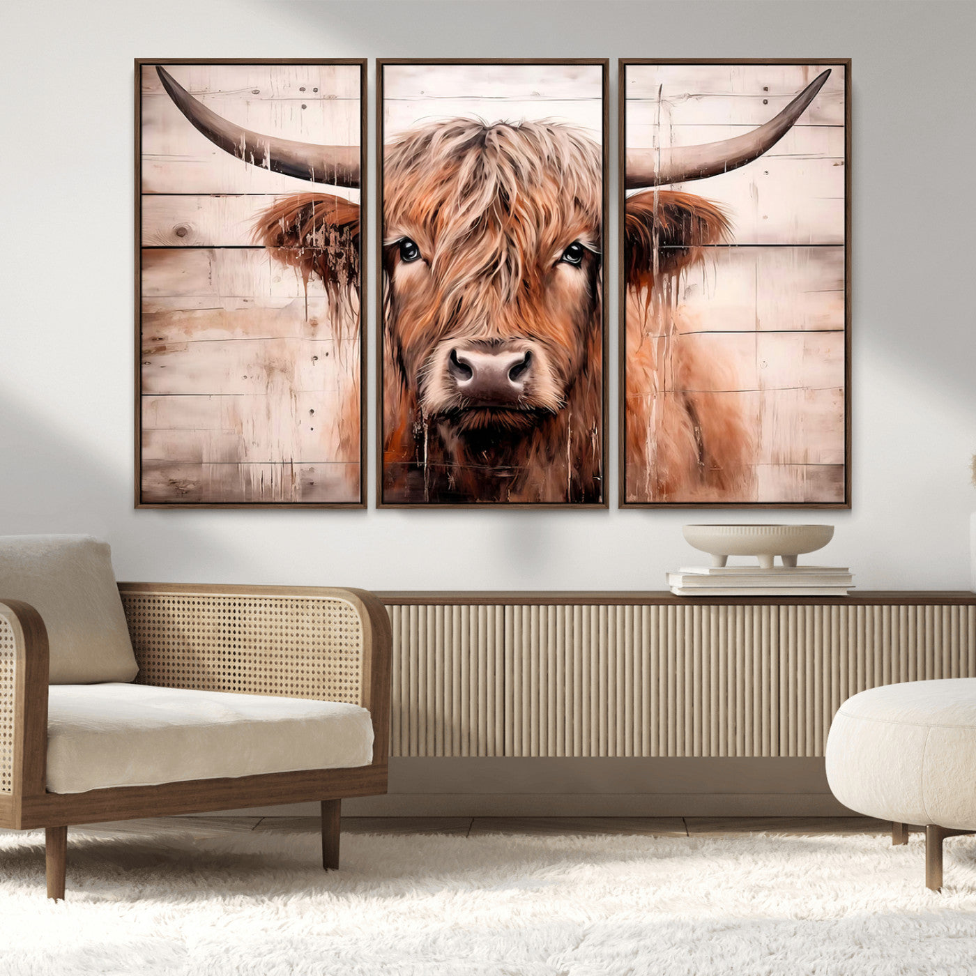 93730-MGV-FC-48X32-3P_Walnut-Scottish Cow Wall Art Canvas Print, Framed Longhorn Cow Art Picture Print, Highland Cattle Perfect Rustic Farmhouse Decor Artwork