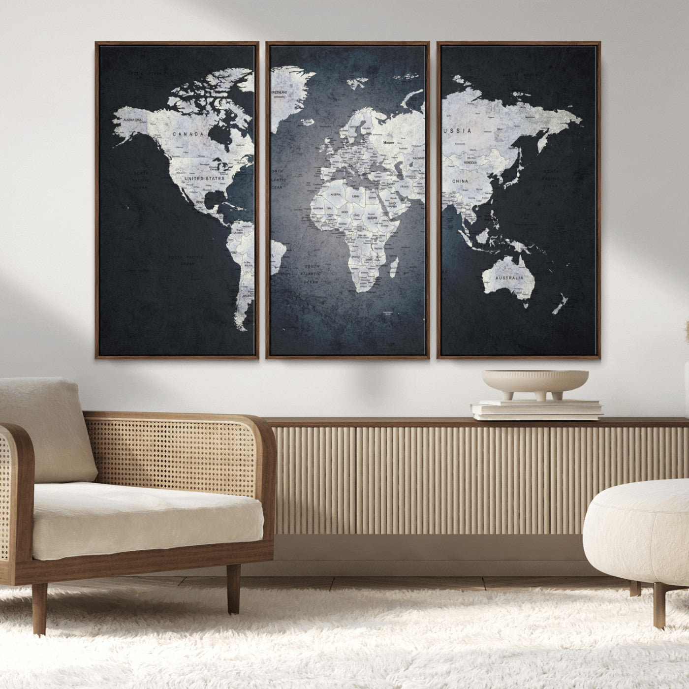 19124-MGV-FC-48X32-3P_Walnut-Modern World Map Wall Art – Black and White Canvas Print, Minimalist Global Map Decor for Office, Study, Bedroom or Living Room