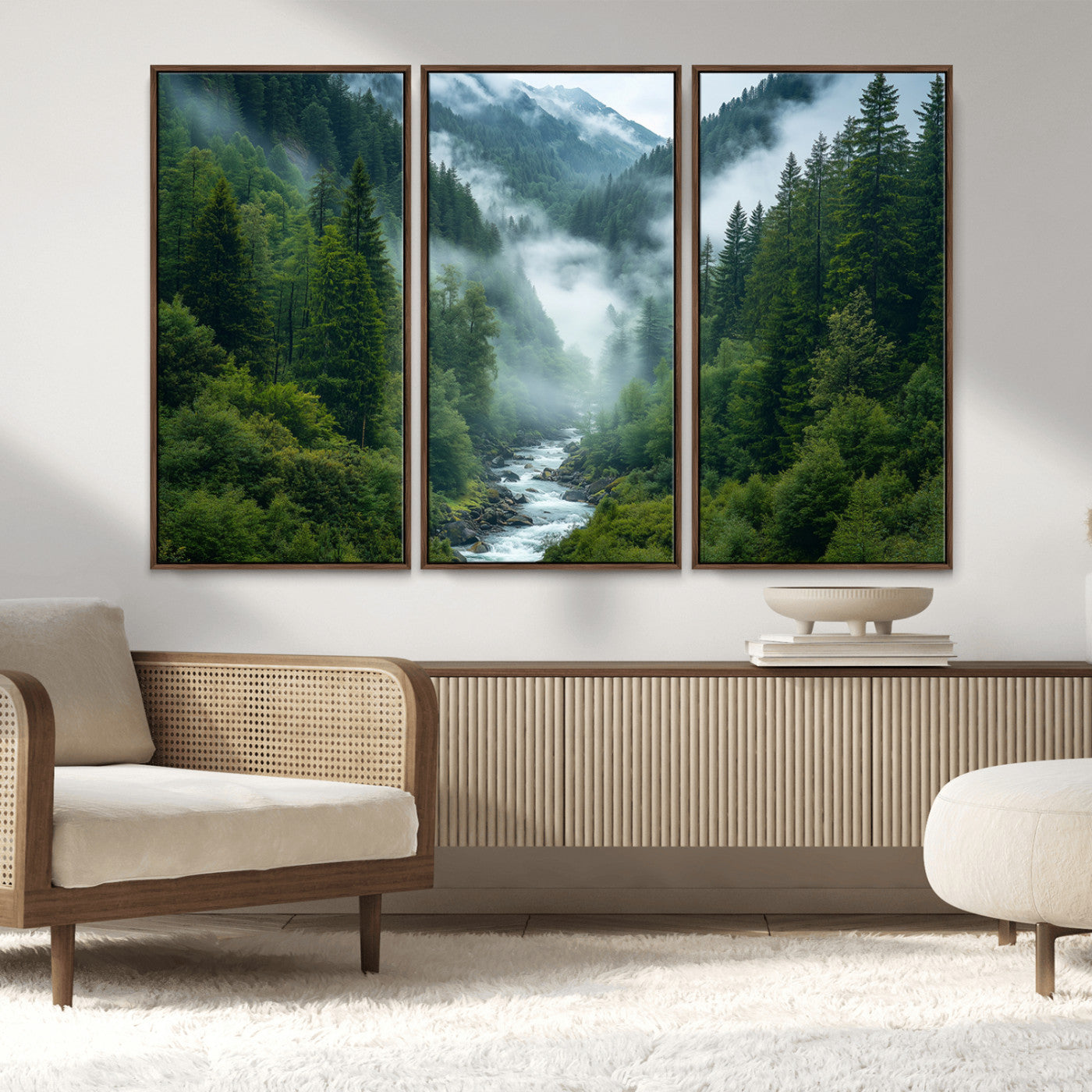 69453-MGV-FC-48X32-3P_Walnut-Mountain Forest Wall Art – Misty River and Evergreen Landscape Canvas Print, Nature Photography Poster for Living Room, Bedroom,
