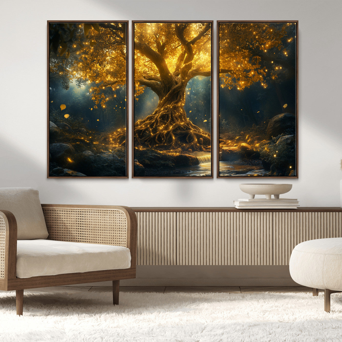 92739-MGV-CV-36X24-Glowing Tree Wall Art – Enchanted Golden Forest Canvas Print, Mystical Illuminated Nature Painting Poster for Living Room,