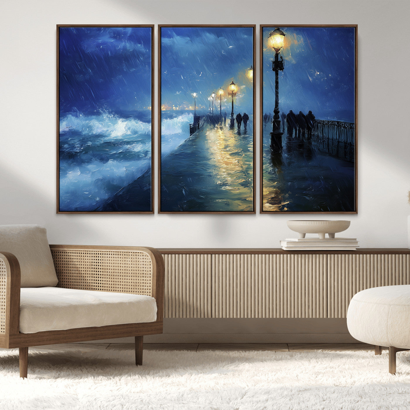 76572-MGV-CV-36X24-Stormy Night Pier Wall Art – Ocean Waves and Street Lamps Canvas Print, Rainy Seascape Oil Painting Poster for Living Room,