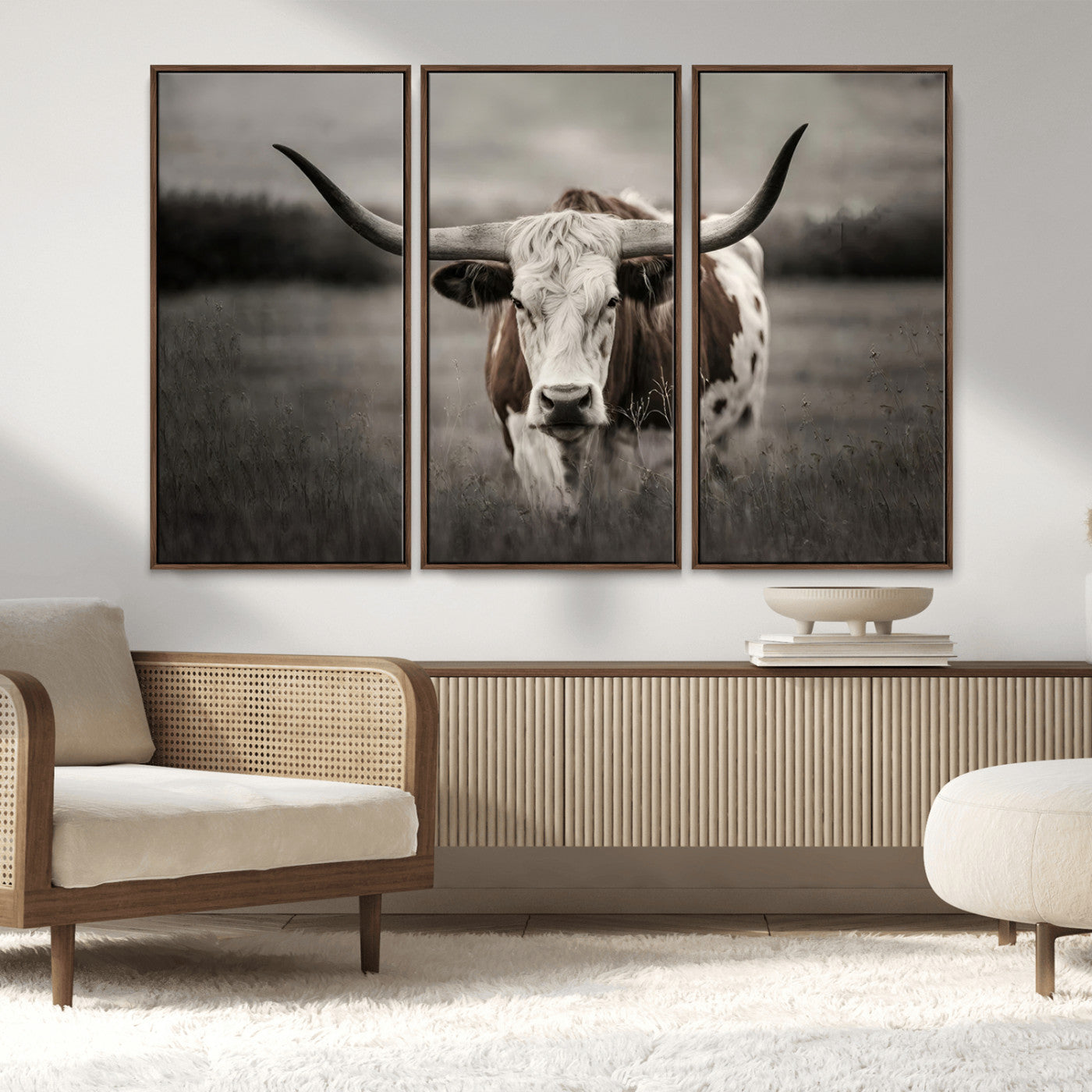 69238-MGV-FC-48X32-3P_Walnut-Longhorn Bull Wall Art – Rustic Black and White Texas Cattle Canvas Print, Western Farmhouse Animal Photography for Living Room,