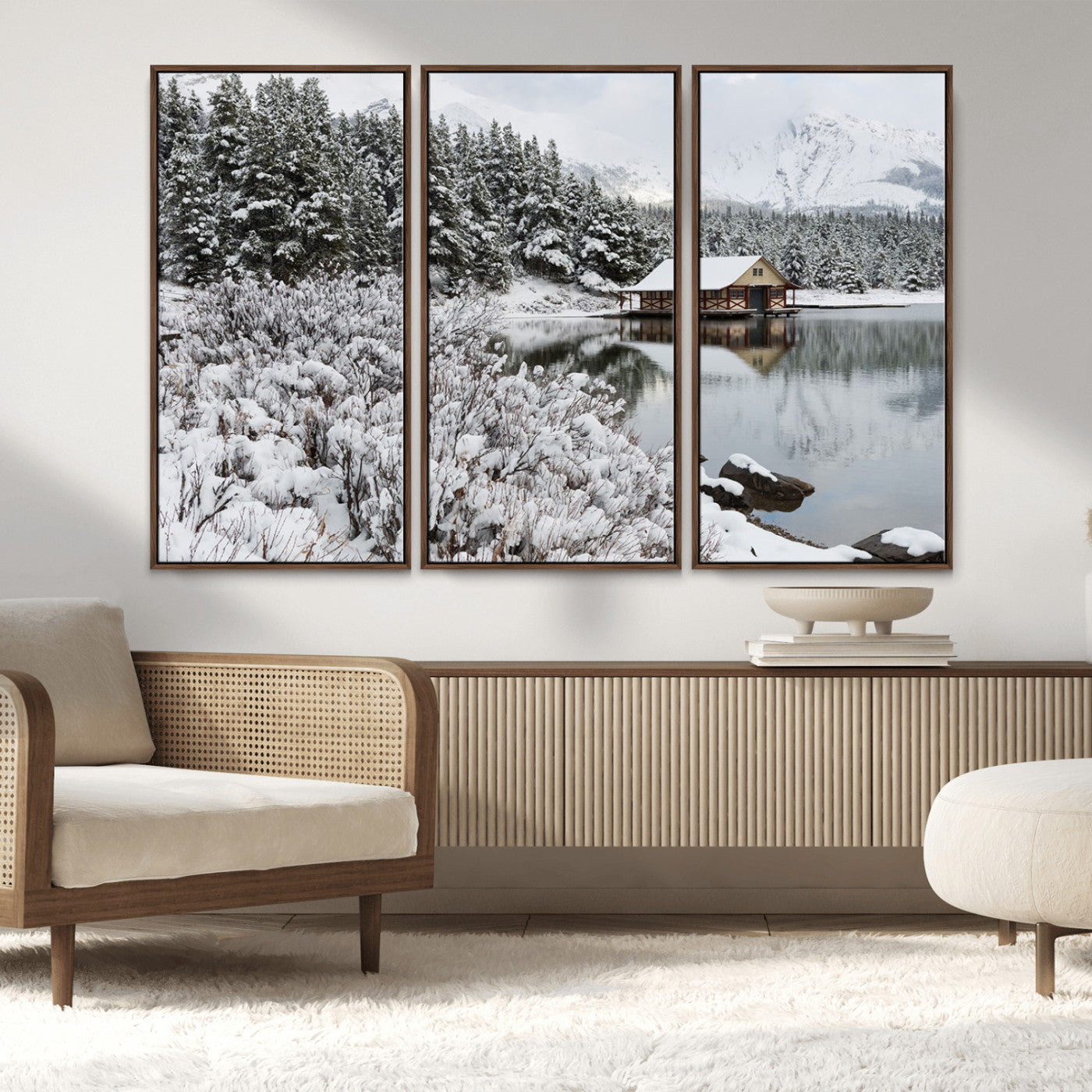 94285-MGV-CV-36X24-Snowy Cabin Wall Art Canvas Print, Framed Winter Cabin Art Picture Print, Mountain Lake Perfect Snowy Nature Decor Artwork