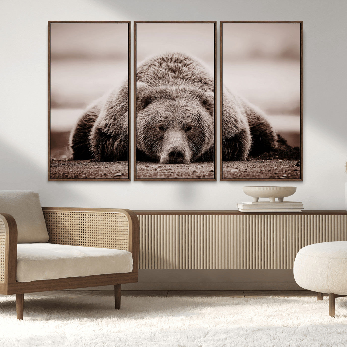 20611-MGV-FC-48X32-3P_Walnut-Grizzly Bear Wall Art – Majestic Wildlife Sepia Canvas Print, Rustic Nature Animal Artwork for Cabin, Lodge, Living Room, Bedroom,