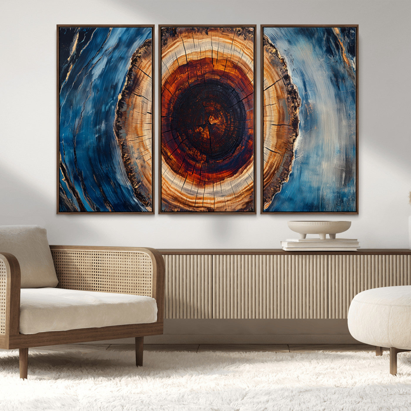 30457-MGV-FC-48X32-3P_Walnut-Tree Ring Abstract Wall Art – Blue and Brown Wood Grain Canvas Print, Modern Nature Inspired Painting for Rustic Living Room,