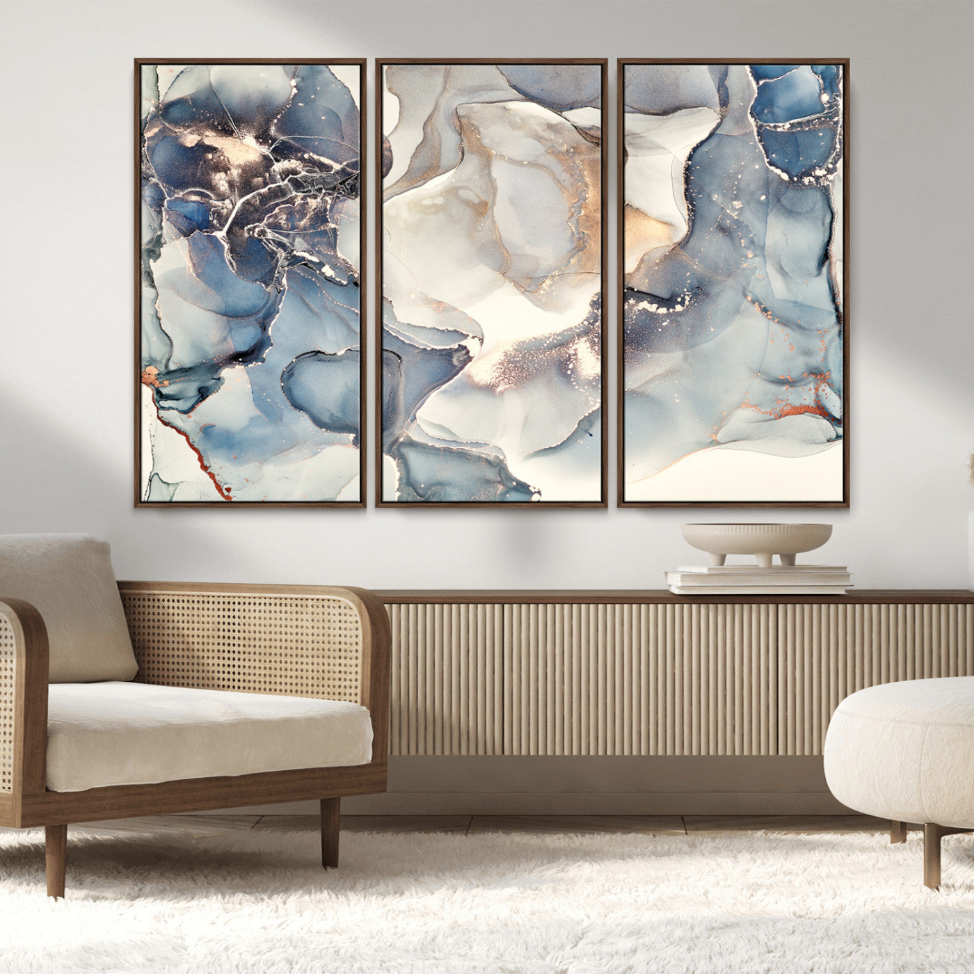 51497-MGV-CV-36X24-Abstract Blue and Gold Wall Art – Modern Fluid Ink Style Canvas Print, Elegant Contemporary Decor for Living Room, Office