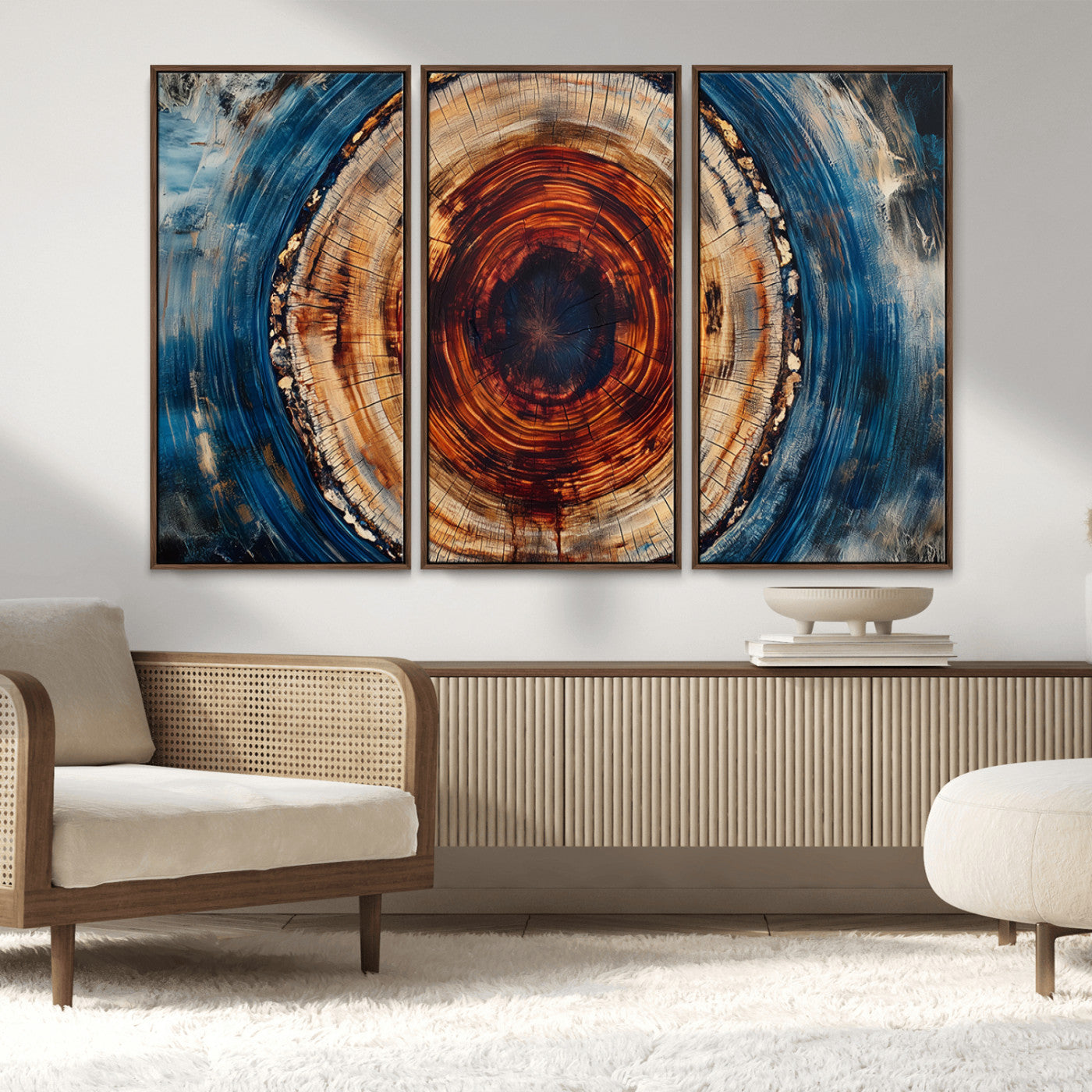 90395-MGV-FC-48X32-3P_Walnut-Tree Ring Wall Art – Abstract Wood Grain Canvas Print with Fiery Red and Blue Tones, Bold Rustic Nature Inspired Artwork Decor for