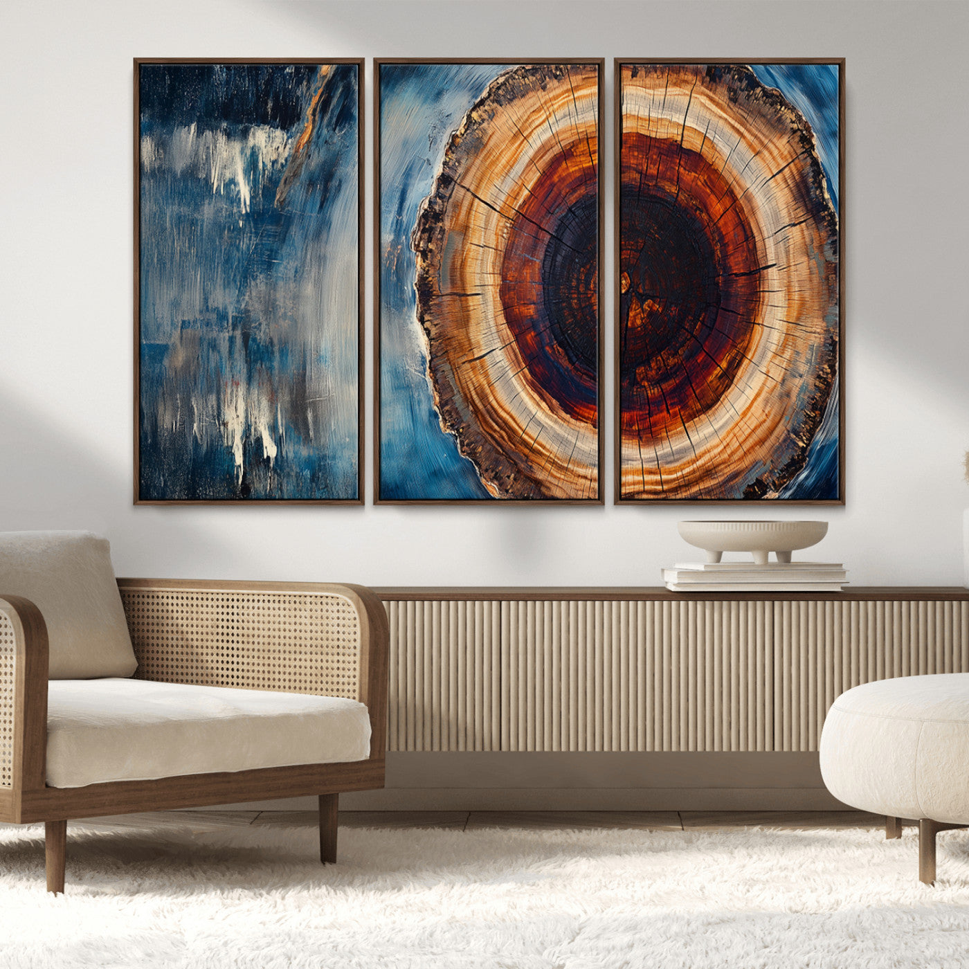 48045-MGV-CV-36X24-Tree Ring Abstract Wall Art – Rustic Wood Grain Canvas Print with Brown Center and Blue Brush Strokes, Nature Inspired Artwork for