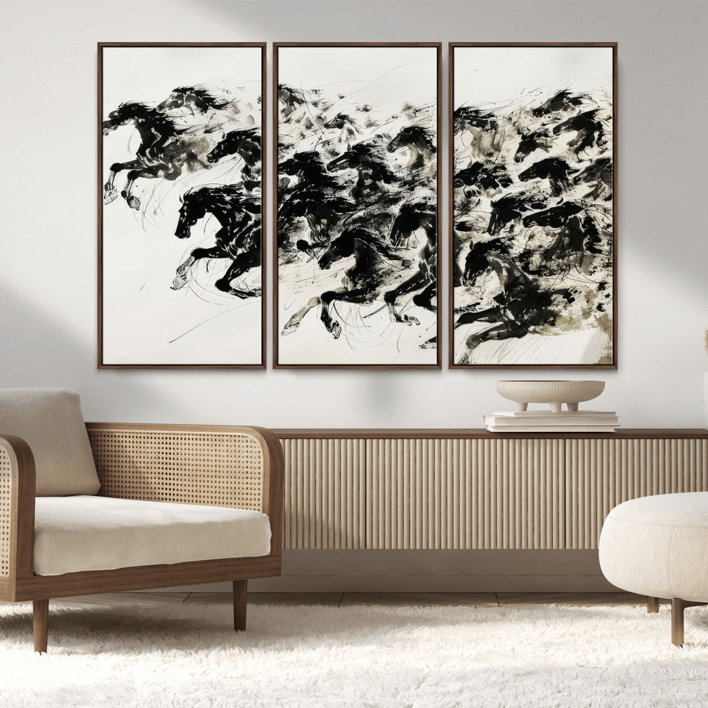 23069-MGV-FC-48X32-3P_Walnut-Galloping Horses Wall Art – Black Ink Painting on Canvas, Dynamic Equestrian Artwork with Running Stallions, Expressive Modern