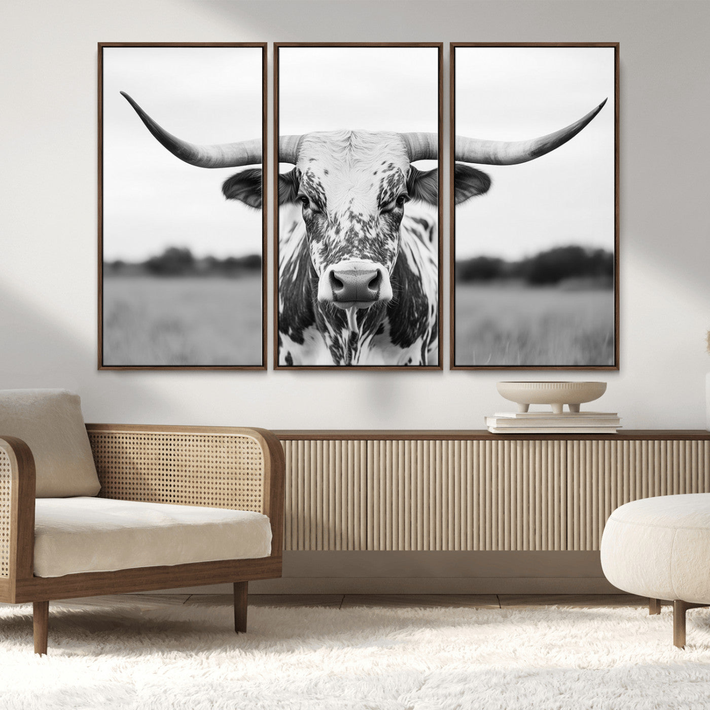 20272-MGV-CV-36X24-Texas Longhorn Wall Art – Black and White Cowboy Western Canvas Print, Rustic Farmhouse Cattle Photography Decor for Ranch, Barn