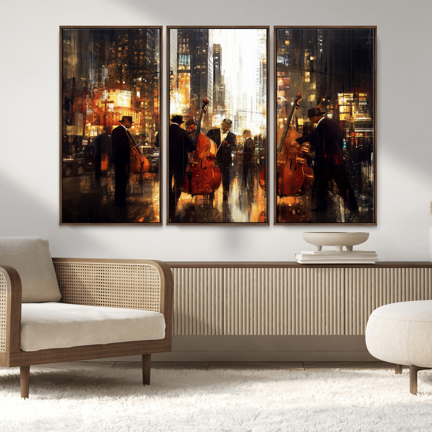 58782-MGV-FC-48X32-3P_Walnut-Jazz Musicians Cityscape Wall Art – Vibrant Urban Night Canvas Print, Elegant Music Themed Decor for Living Room, Office, or Music