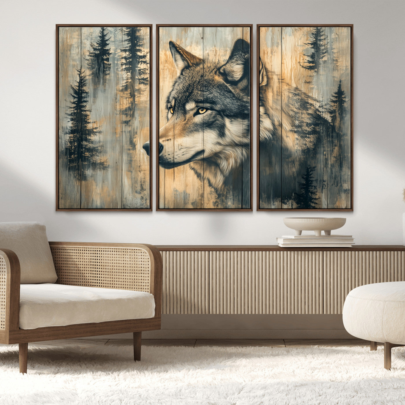 51892-MGV-FC-48X32-3P_Walnut-Wolf Wall Art – Rustic Canvas Print of Wolf with Forest Trees on Wood Texture, Wildlife Lodge Artwork for Living Room, Bedroom,