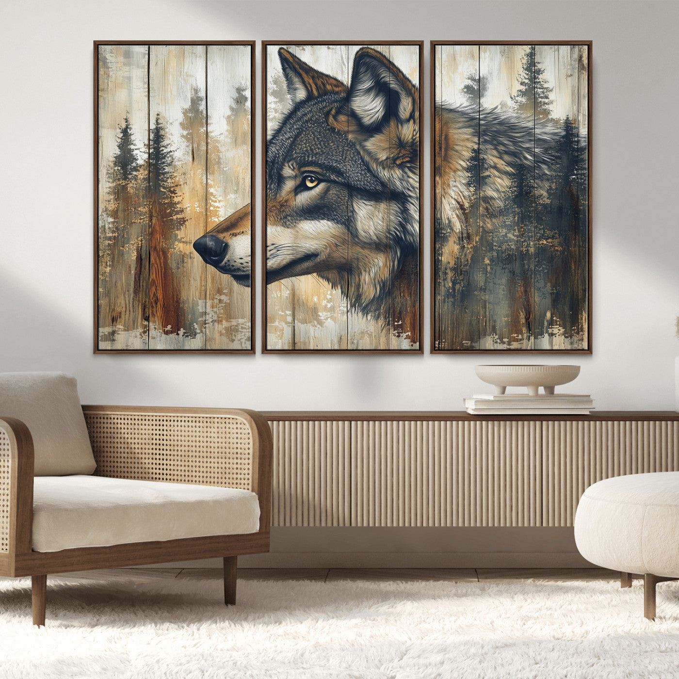 91882-MGV-CV-36X24-Wolf Wall Art – Rustic Canvas Print of Forest Wolf on Wood Background, Wildlife Lodge Artwork for Living Room, Bedroom, Cabin, or