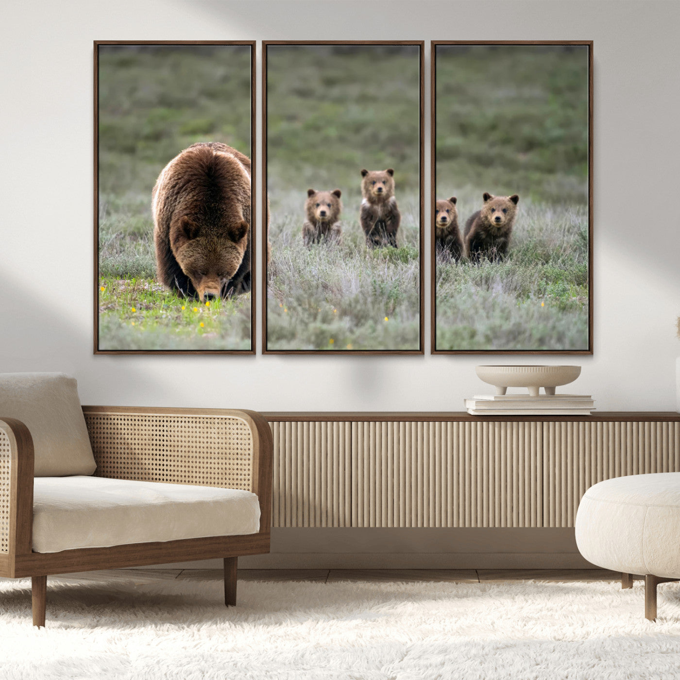 40555-MGV-CV-36X24-Bear Family Wall Art – Wildlife Canvas Print of Mother Bear with Four Cubs in Nature, Rustic Animal Artwork for Living Room,