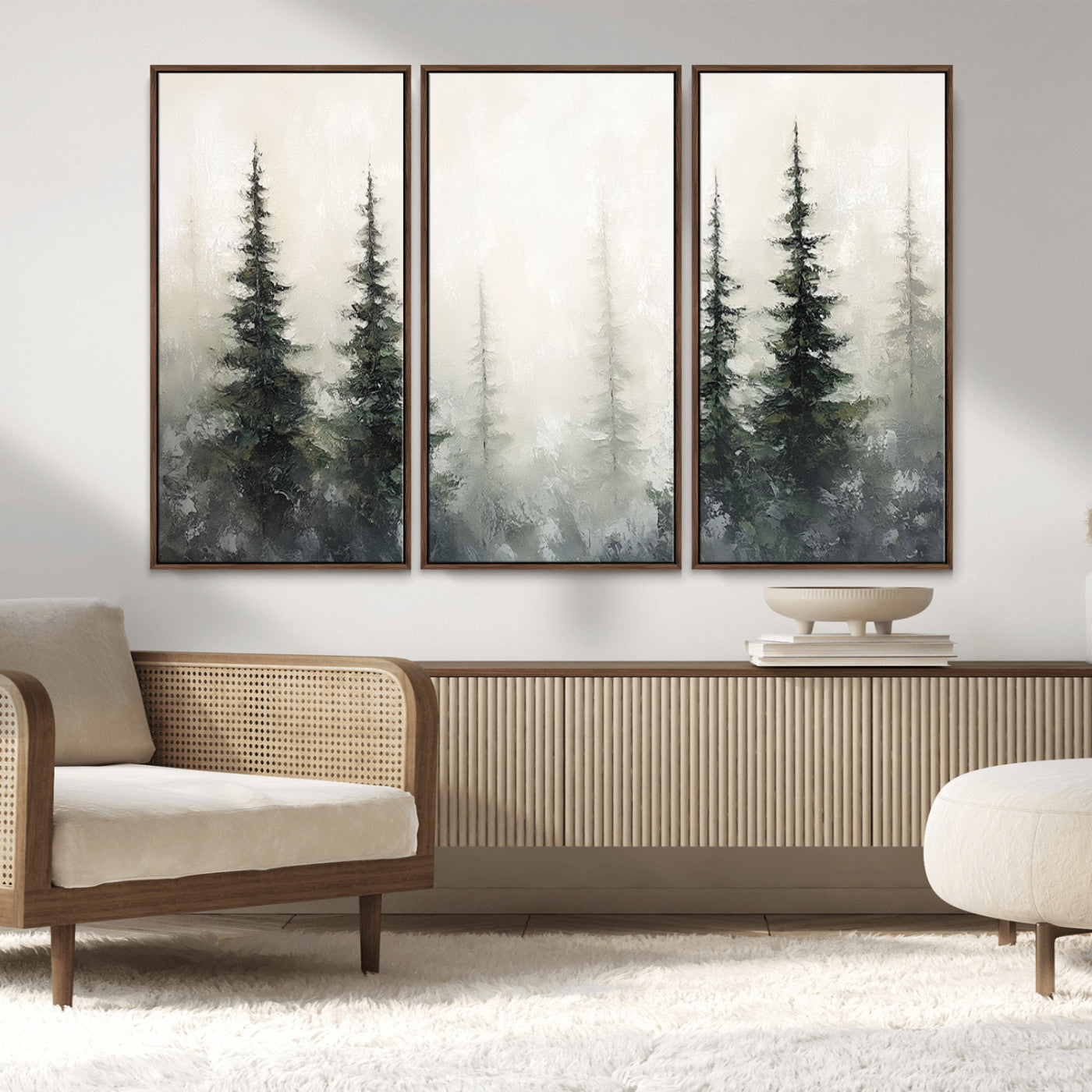 33241-MGV-FC-48X32-3P_Walnut-Misty Forest Wall Art Canvas Print, Framed Foggy Pines Art Picture Print, Forest Haze Perfect Rustic Minimalist Decor Artwork