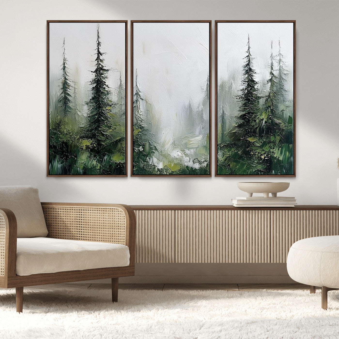 76014-MGV-FC-48X32-3P_Walnut-Forest Wall Art – Textured Canvas Print Featuring Misty Evergreen Pines and Woodland Landscape, Rustic Nature Artwork for Living