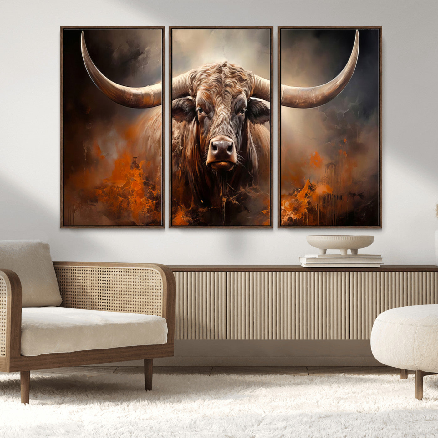 240479-MGV-FC-48X32-3P_Walnut-Longhorn Bull Wall Art – Dramatic Western Canvas Print Featuring Horned Bull with Fiery Background, Rustic Farmhouse Artwork for