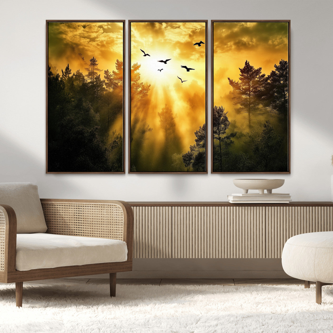13776802-MGV-CV-36X24-Golden Forest Wall Art Canvas Print, Framed Sunset Pines Art Picture Print, Flying Birds Perfect Nature Glow Decor Artwork