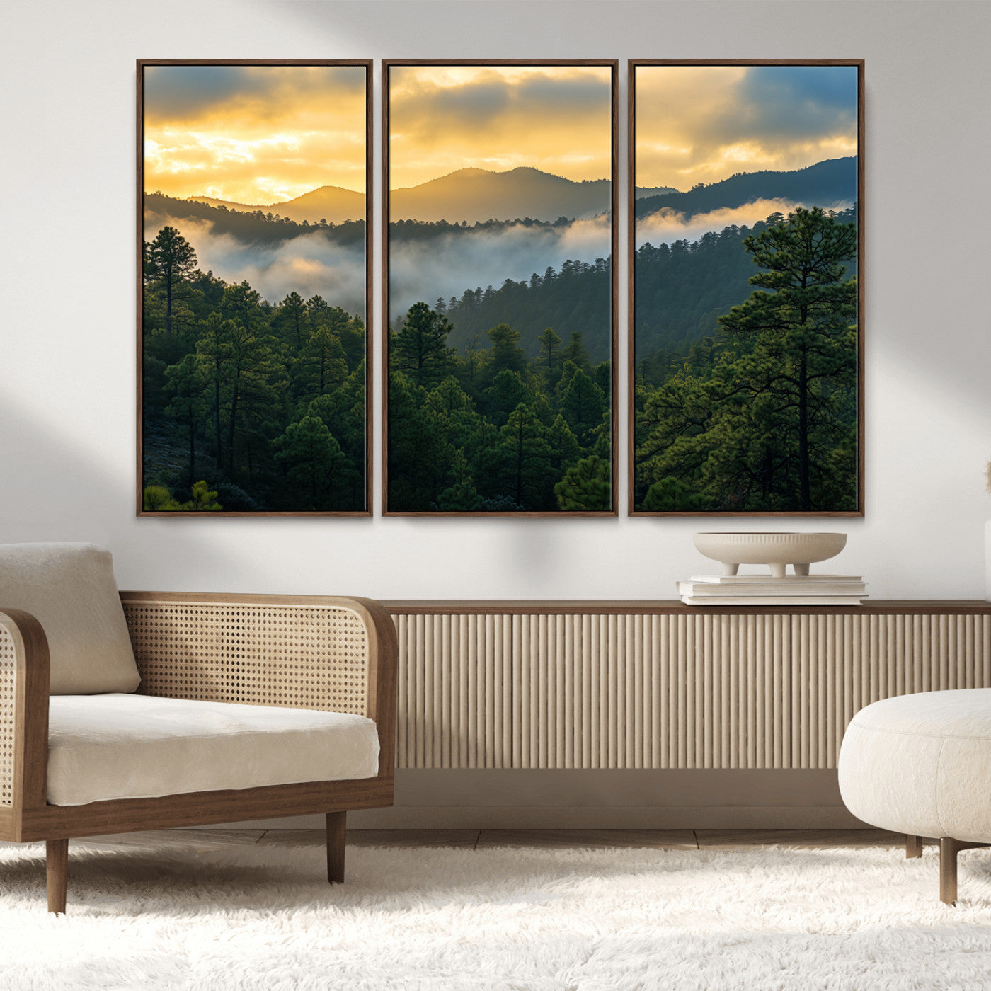68082278-MGV-FC-48X32-3P_Walnut-Mountain Sunrise Wall Art Canvas Print, Framed Pine Forest Art Picture Print, Misty Mountains Perfect Earthy Woodland Decor