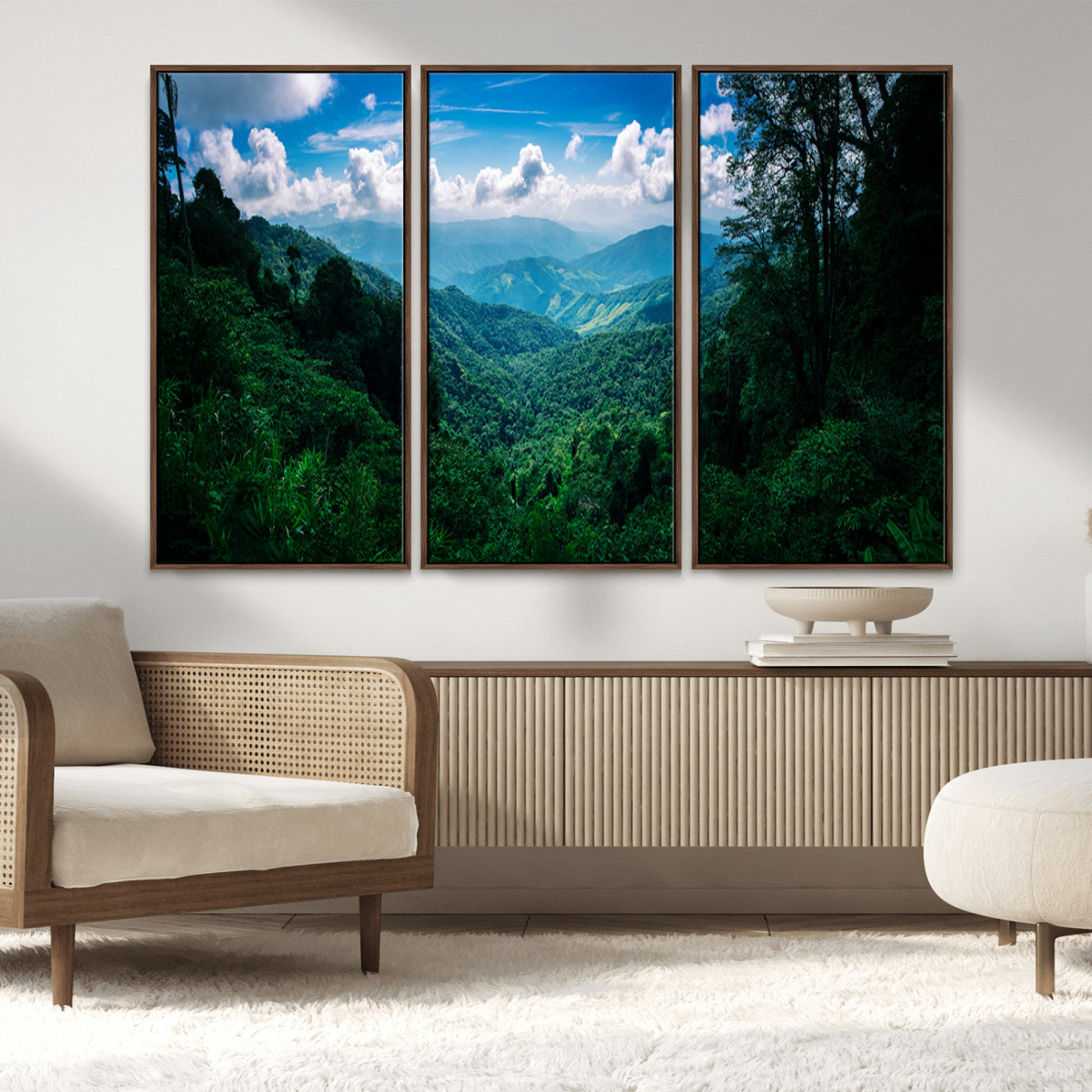 74439378-MGV-FC-48X32-3P_Walnut-Tropical Jungle Wall Art Canvas Print, Framed Lush Valley Art Picture Print, Forest Mountains Perfect Tropical Wilderness Decor
