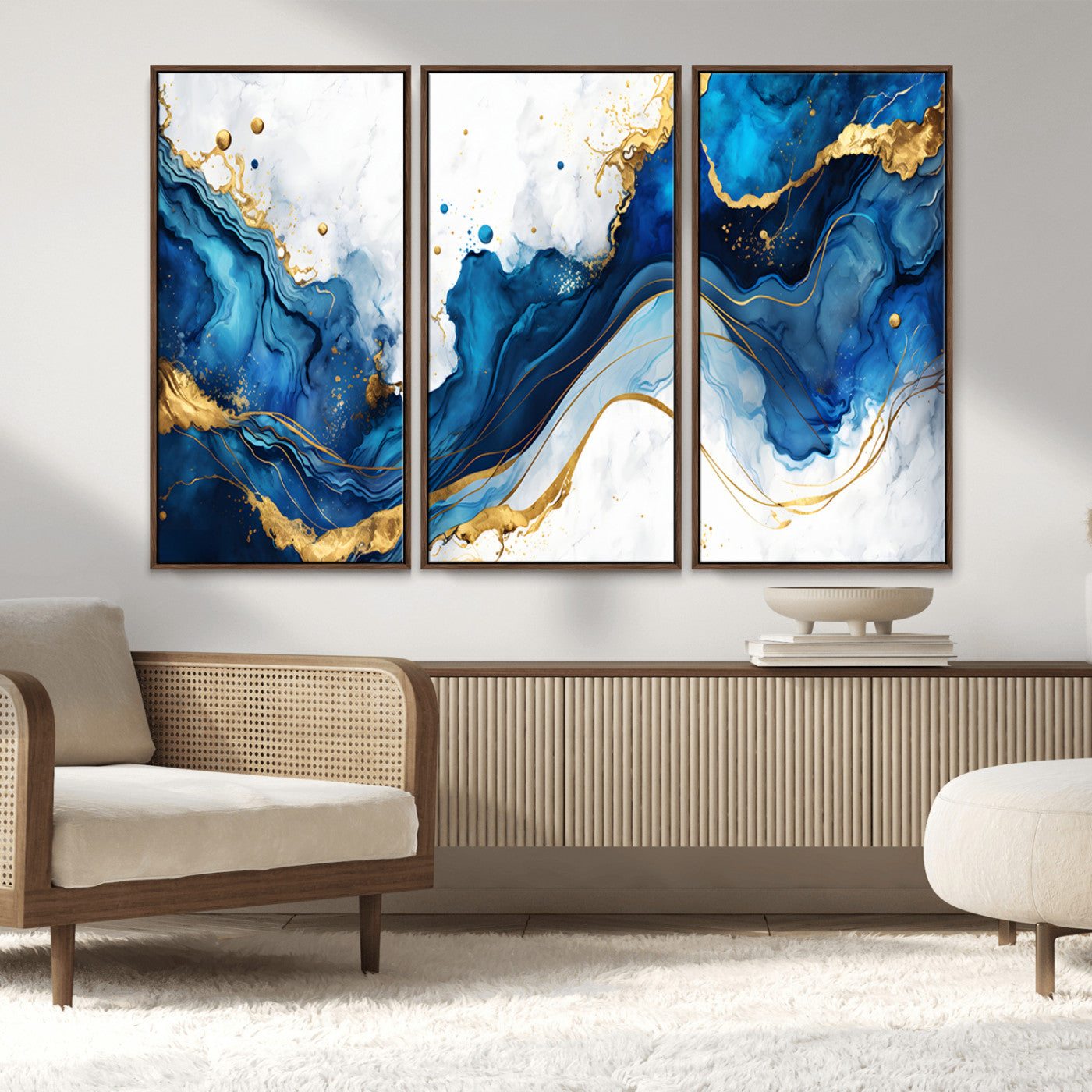 33506371-MGV-CV-36X24-Blue Marble Wall Art Canvas Print, Framed Gold Splash Art Picture Print, Abstract Wave Perfect Modern Luxe Decor Artwork