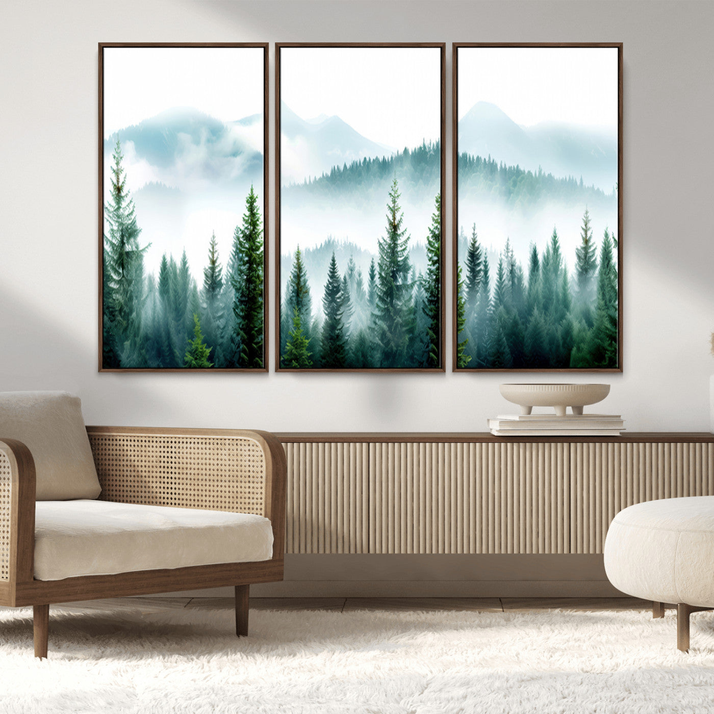 16716676-MGV-FC-48X32-3P_Walnut-Pine Forest Wall Art Canvas Print, Framed Misty Mountains Art Picture Print, Foggy Trees Perfect Moody Forest Decor Artwork