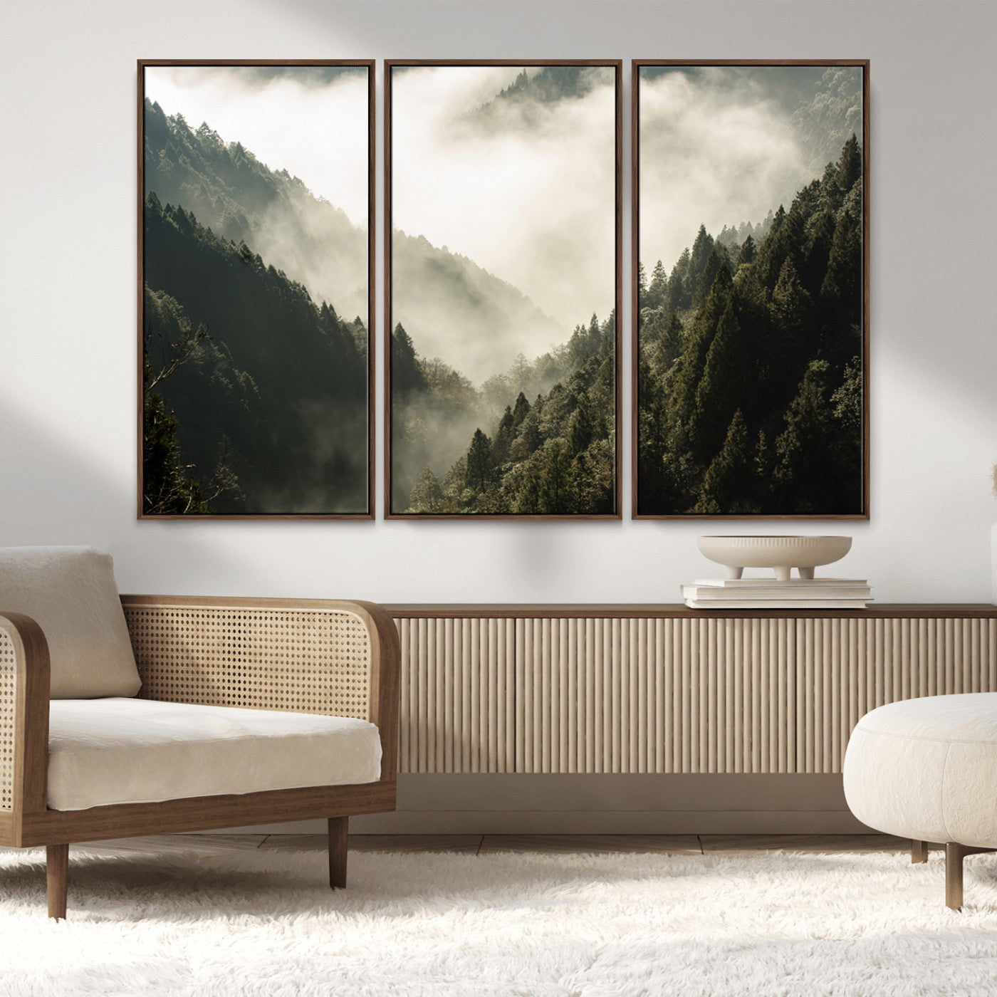 57570237-MGV-CV-36X24-Misty Valley Wall Art Canvas Print, Framed Foggy Forest Art Picture Print, Pine Trees Perfect Moody Woodland Decor Artwork