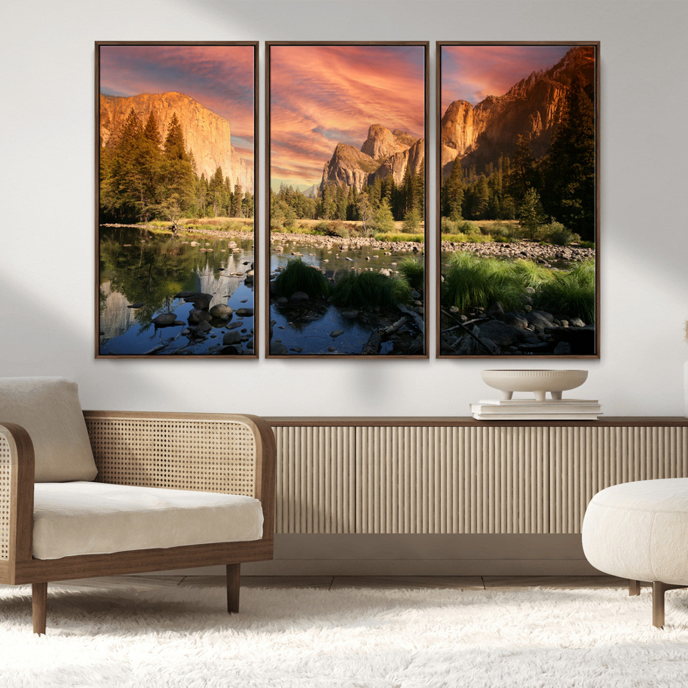 31199457-MGV-FC-48X32-3P_Walnut-Yosemite Valley Wall Art Canvas Print, Framed El Capitan Art Picture Print, Sunset Sky Perfect Vibrant Western Decor Artwork