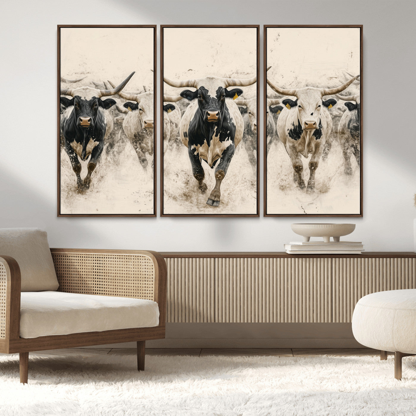 61538944-MGV-FC-48X32-3P_Walnut-Texas Longhorn Wall Art Canvas Print, Framed Cattles Walking Art Picture Print, Black White Bulls Perfect Rustic Western Decor