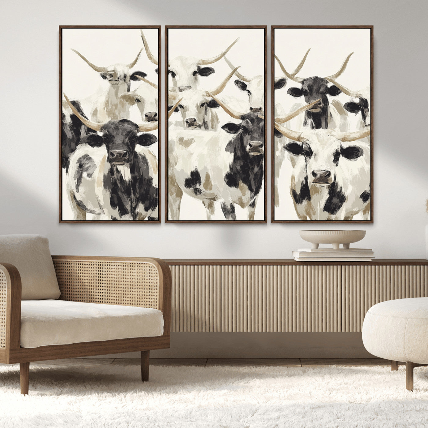 52947970-MGV-CV-36X24-Texas Longhorn Wall Art Canvas Print, Framed Cattle Herd Art Picture Print, Herd Portrait Perfect Modern Farmhouse Decor Artwork