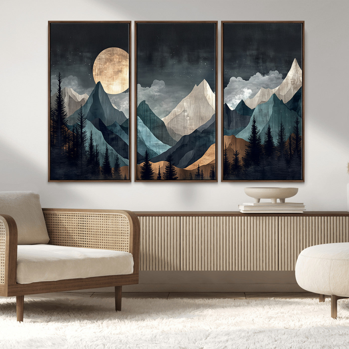 11060882-MGV-CV-36X24-Moonlit Mountains Wall Art Canvas Print, Framed Forest Silhouette Art Picture Print, Night Landscape Perfect Modern Forest Decor