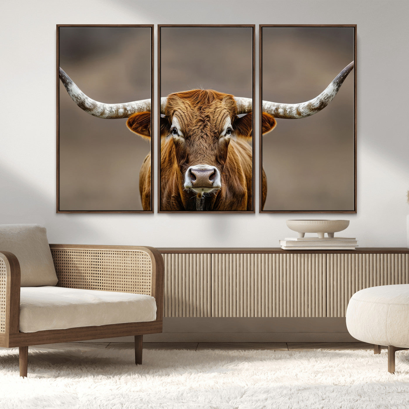 12179171-MGV-CV-36X24-Texas Longhorn Wall Art Canvas Print, Framed Brown Bull Art Picture Print, Lone Cattle Perfect Rustic Western Decor Artwork