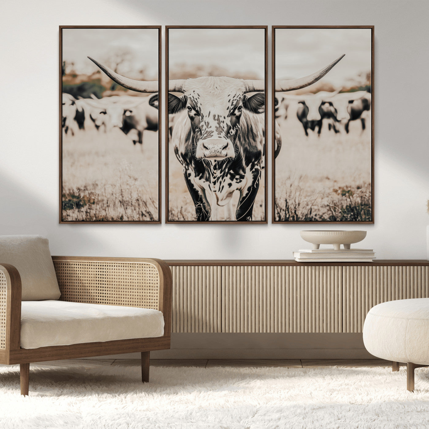 27497342-MGV-FC-48X32-3P_Walnut-Texas Longhorn Wall Art Canvas Print, Framed Speckled Cow Art Picture Print, Horned Cattle Perfect Rustic Western Decor Artwork