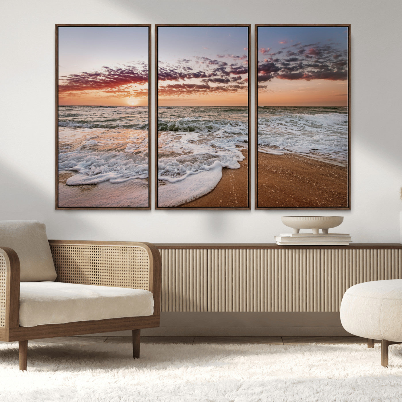 39846389-MGV-CV-36X24-Ocean Sunset Wall Art Canvas Print, Framed Sandy Shore Art Picture Print, Gentle Waves Perfect Minimalist Coastal Decor Artwork