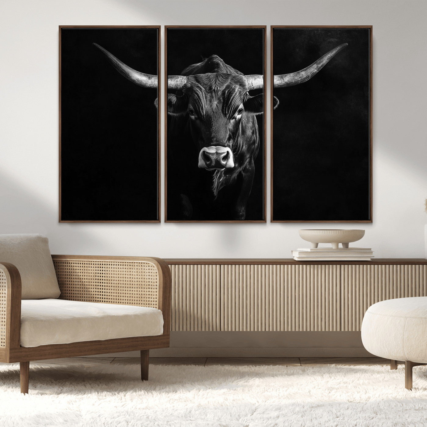 42077175-MGV-CV-36X24-Texas Longhorn Wall Art Canvas Print, Framed Monochrome Bull Art Picture Print, Horned Bull Perfect Rustic Western Decor Artwork