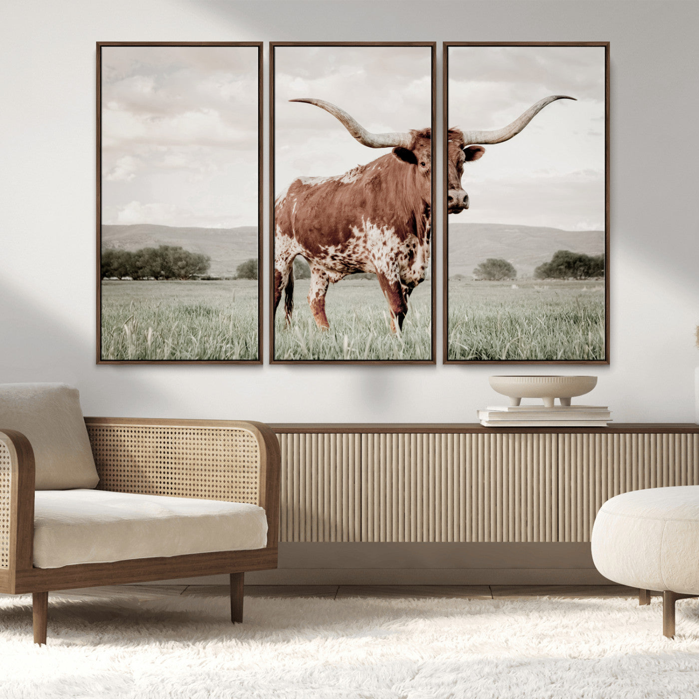 28309012-MGV-CV-36X24-Texas Longhorn Wall Art Canvas Print, Framed Spotted Cattle Art Picture Print, Horned Bull Perfect Rustic Western Decor Artwork