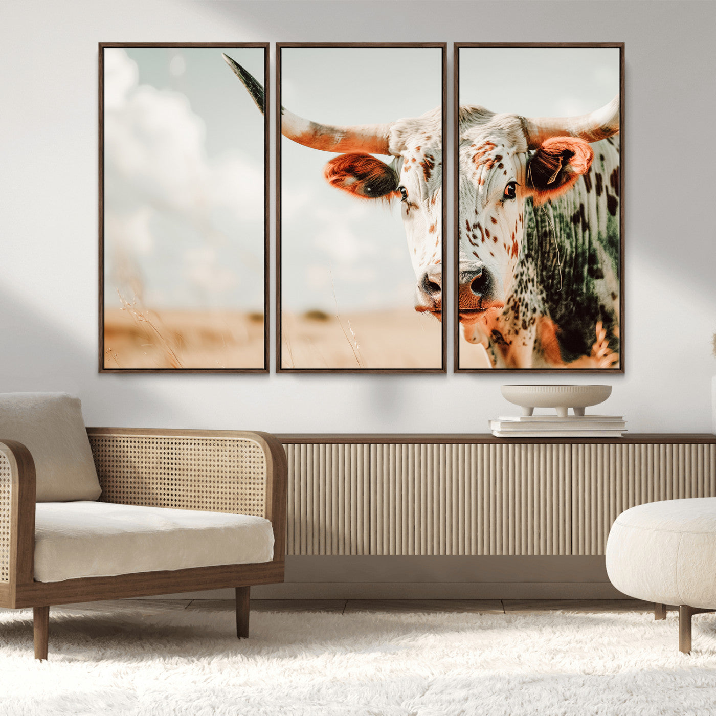 72766375-MGV-FC-48X32-3P_Walnut-Texas Longhorn Wall Art Canvas Print, Framed Spotted Cow Art Picture Print, Horned Cattle Perfect Rustic Western Decor Artwork