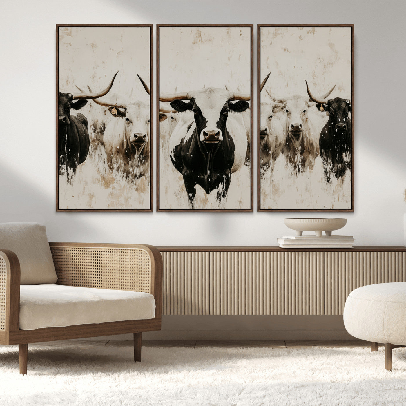 12027562-MGV-FC-48X32-3P_Walnut-Longhorn Cattle Wall Art Canvas Print, Framed Bison Herd Art Picture Print, Cattle Group Perfect Rustic Farmhouse Decor Artwork