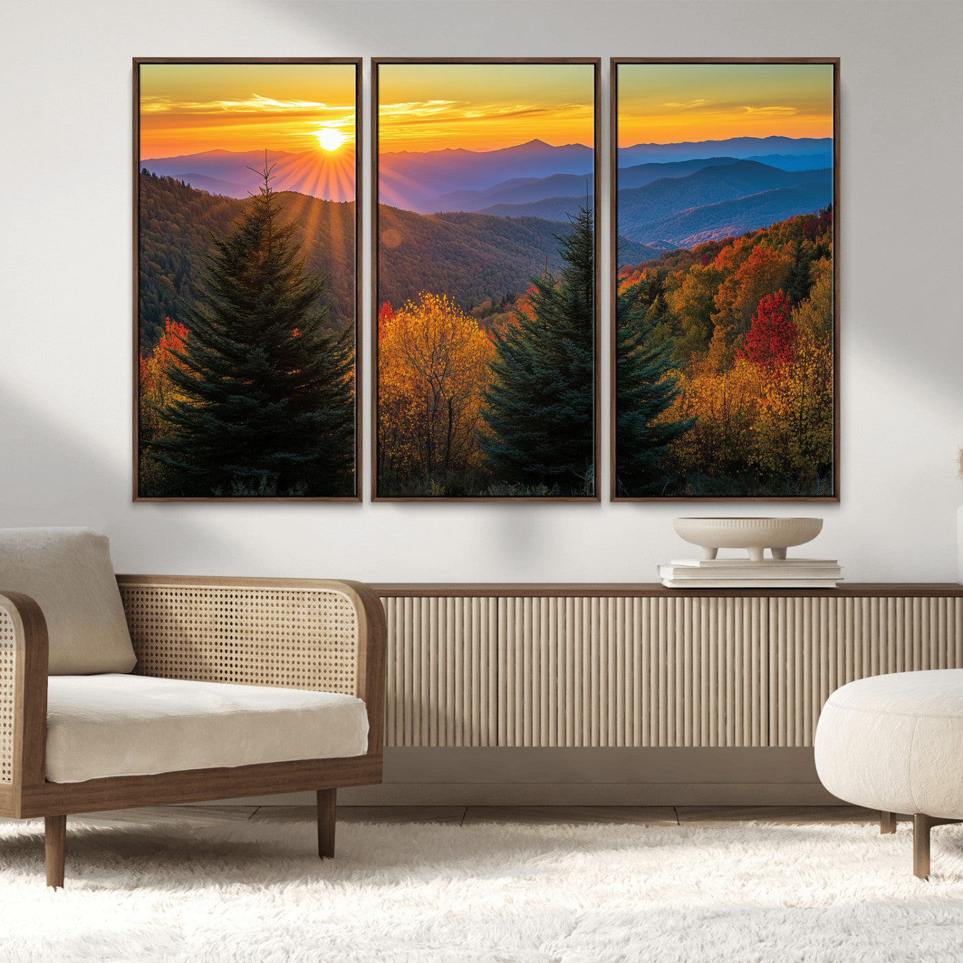 36964931-MGV-FC-48X32-3P_Walnut-Autumn Mountains Wall Art Canvas Print, Framed Sunset Glow Forest Art Picture Print, Golden Trees Perfect Vibrant Nature Decor