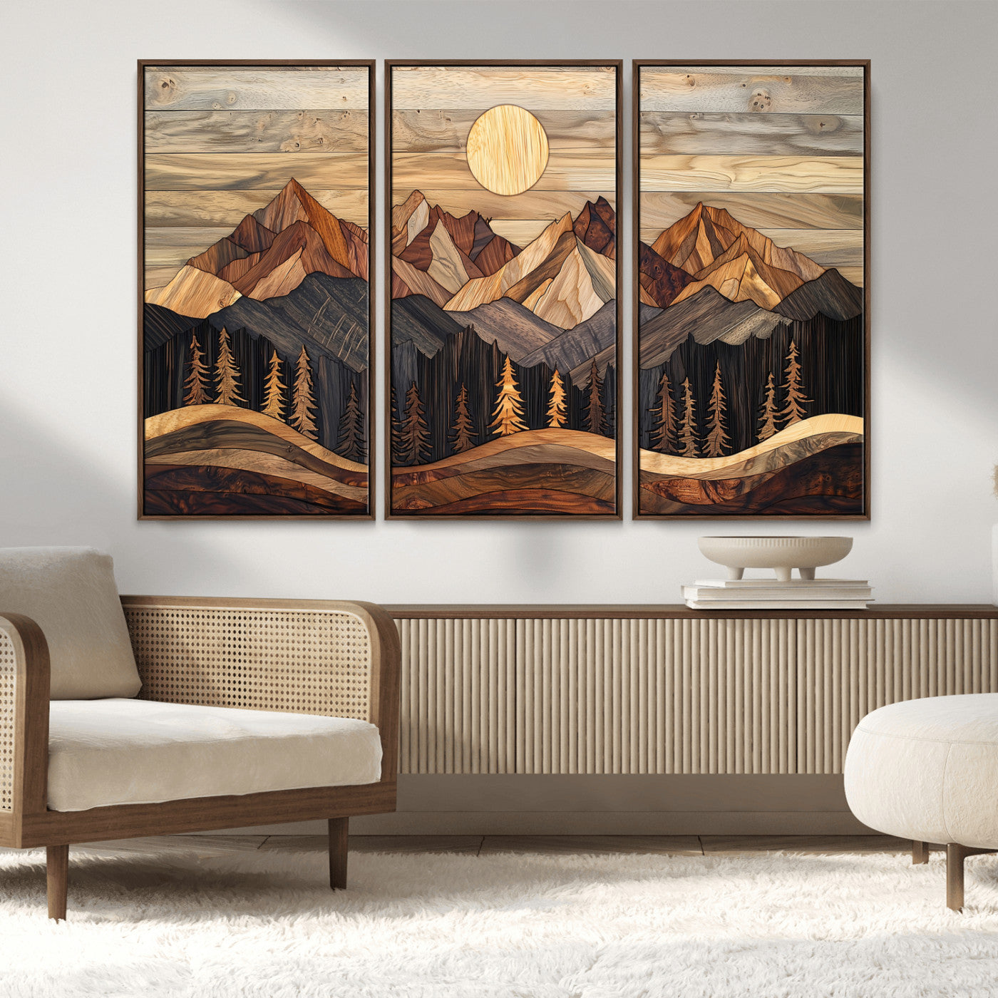 50100230-MGV-CV-36X24-Wooden Mountain Wall Art – Rustic Nature Landscape Canvas Print, Handmade Style Sun, Forest, and Peaks Artwork for Living Room,
