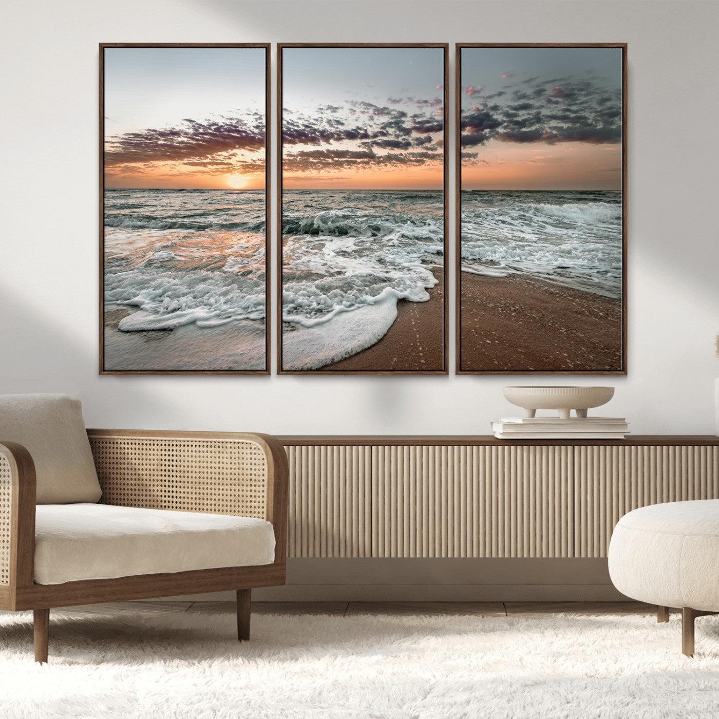 40632752-MGV-FC-48X32-3P_Walnut-Ocean Sunset Wall Art Canvas Print, Framed Beach Waves Art Picture Print, Coastal Scene Perfect Coastal Decor Artwork