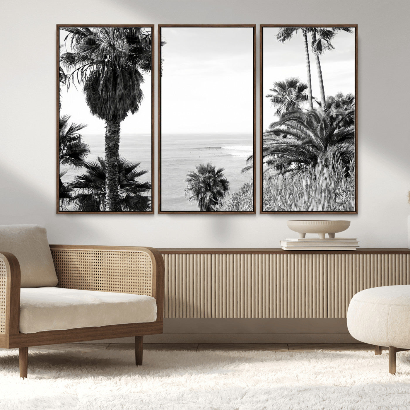 89458520-MGV-CV-36X24-Palm Trees Wall Art Canvas Print, Framed Coastal View Art Picture Print, Ocean Horizon Perfect Monochrome Coast Decor Artwork
