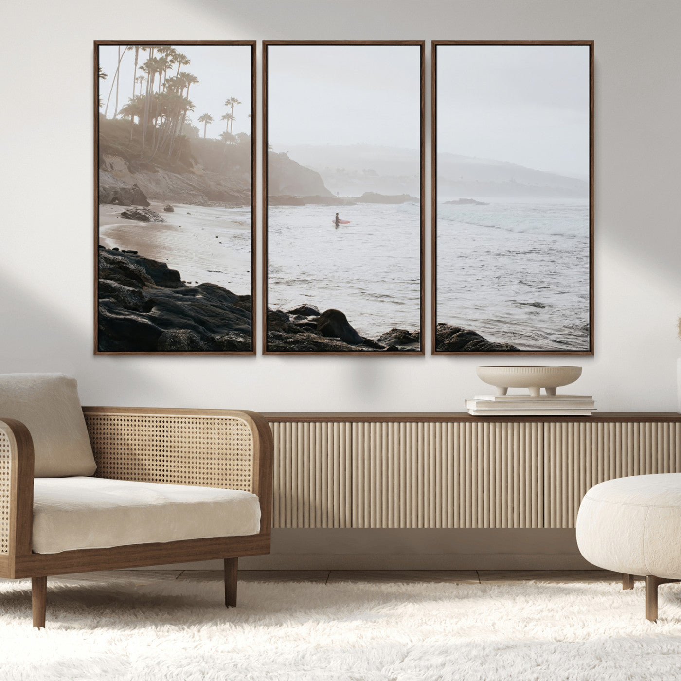 62501405-MGV-CV-36X24-Misty Beach Wall Art Canvas Print, Framed California Surfer Art Picture Print, Coastal Cliff Perfect Coastal Beach Decor Artwork