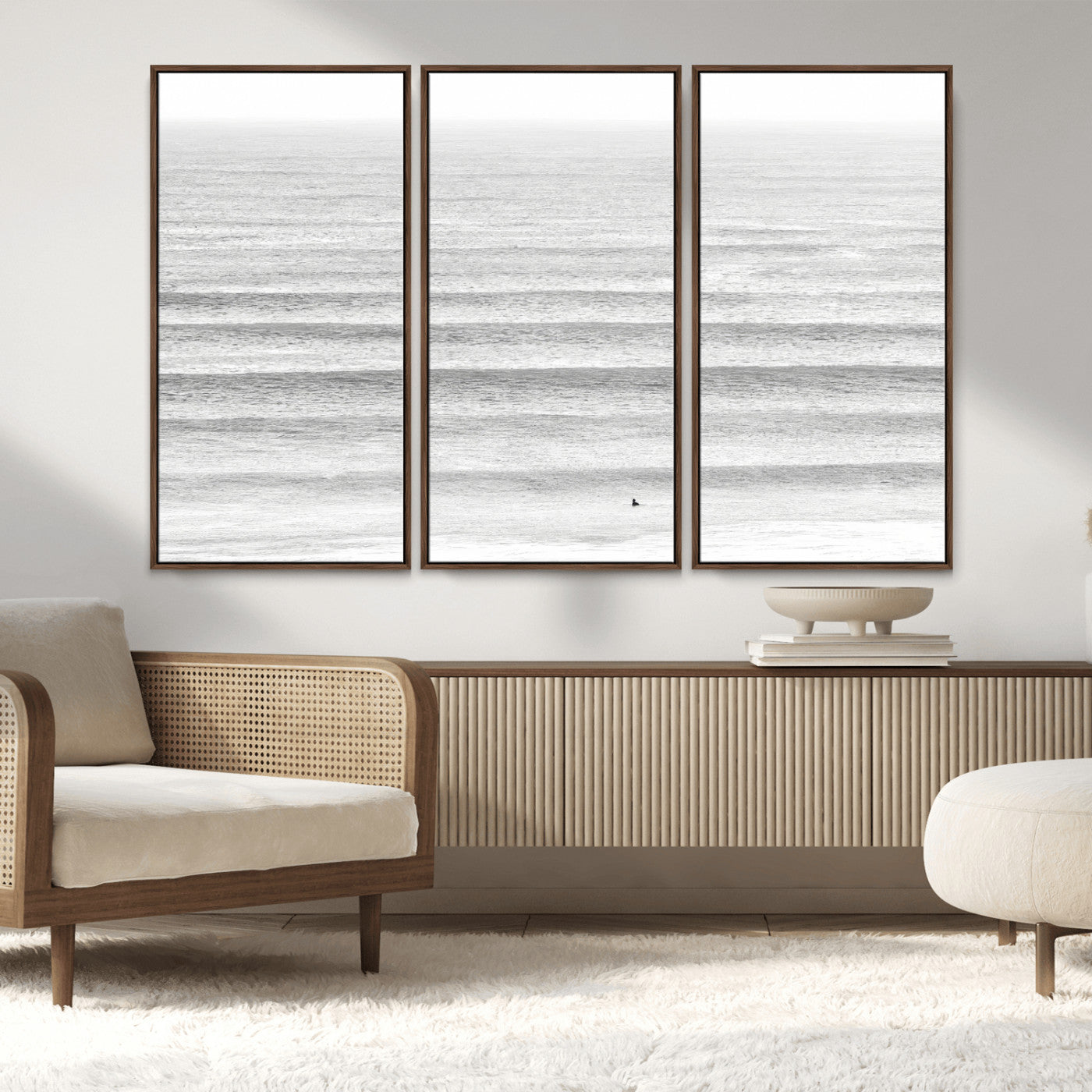 66534476-MGV-CV-36X24-Lone Surfer Wall Art Canvas Print, Framed Ocean Waves Art Picture Print, Minimal Sea Perfect Minimal Coastal Decor Artwork